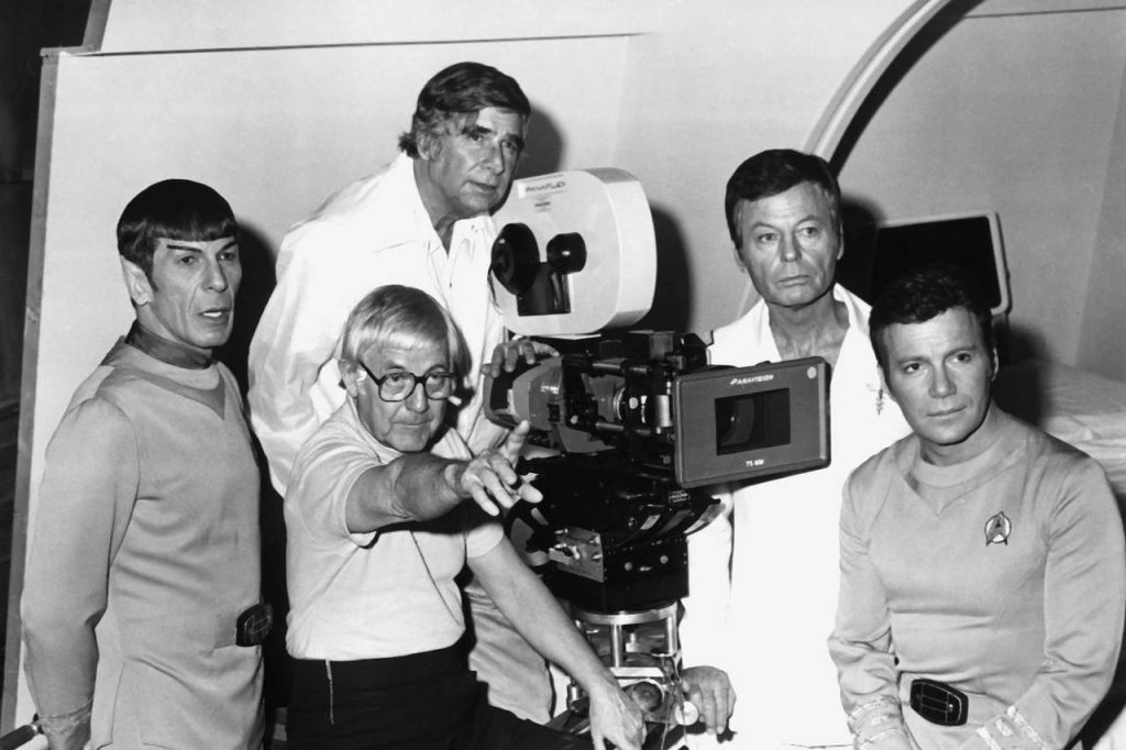 Gene Roddenberry (top center) on the set of Star Trek. Credit Everett Collection.