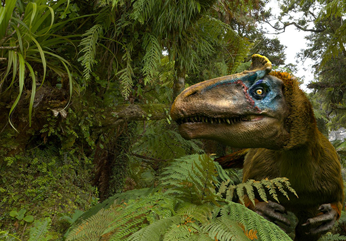 A male cryolophosaurus, the largest dinosaur predator of the Early Jurassic, is on the hunt in the primitive forests of Gondwana, prehistoric Antarctica. (courtesy Giant Screen Films)
