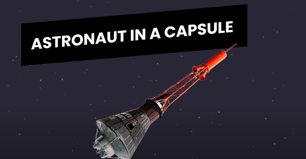 Astronaut in a capsule: A cut out image of a rocket that is floating in a illustration of space