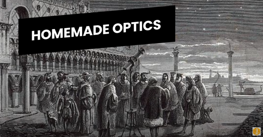 Homemade Optics: with the image of an old image of scholars surrounding a telescope