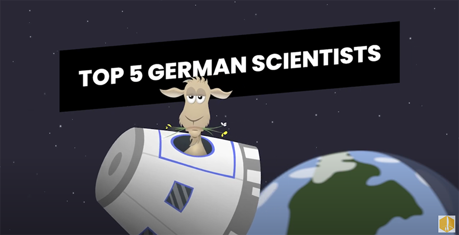 Top 5 German Scientists: with the illustration of a goat in a space ship leaving earth and chewing on grass, earth can be seen in the background