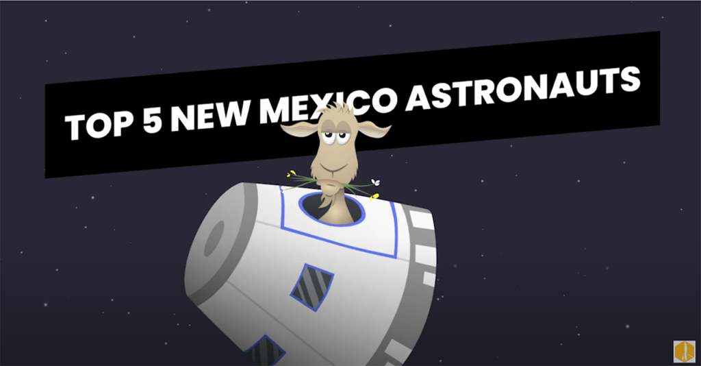 Top 5 NM Astronauts: with the illustration of a goat in a space ship chewing on grass