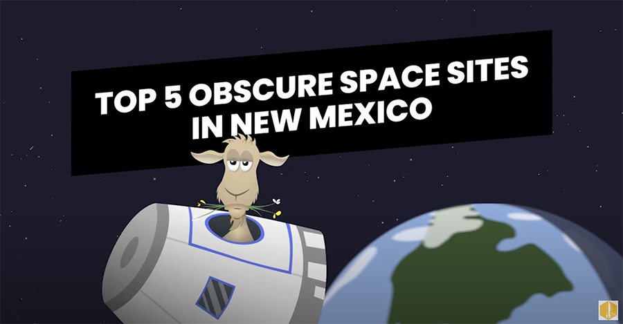 Top 5 Obscure Space Sites in NM: with the illustration of a goat in a space ship leaving earth and chewing on grass, Earth can be seen in the background