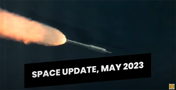 Space update, May 2023: with the image of a rock flying through the air with fire coming out the end as the background