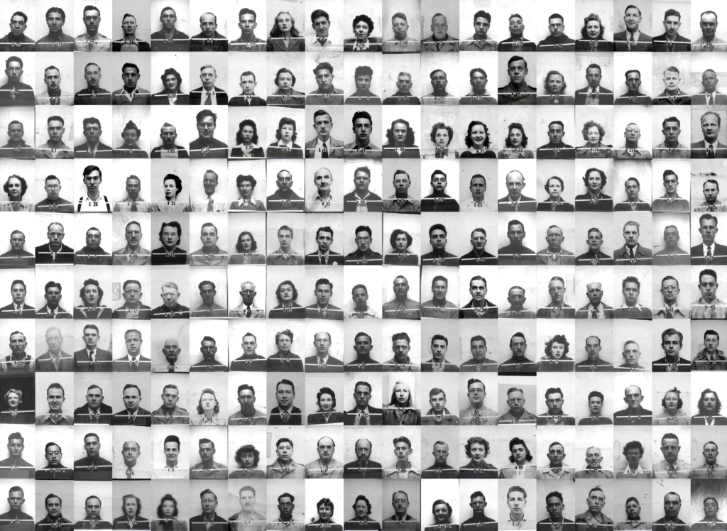 Photo -- Some of the scientists and workers at Los Alamos are pictured here. These mugshots were used for security badges at the site. (Credit: Los Alamos National Lab)